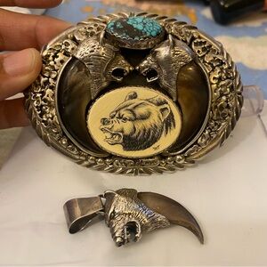 Julia Martinez Native American Navajo sterling belt buckle and pendant bear claw